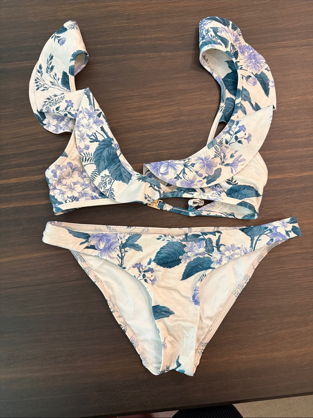 Zimmermann Floral Ruffle Bikini Top And Bottom In Cream, Blue, Purple